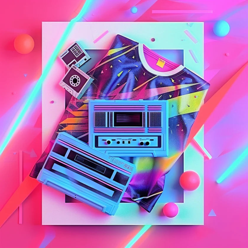 Retro 80s-style t-shirt collection graphic with vibrant neon colours, vintage patterns, and nostalgic design elements, promoting bold graphic tees inspired by the 1980s.