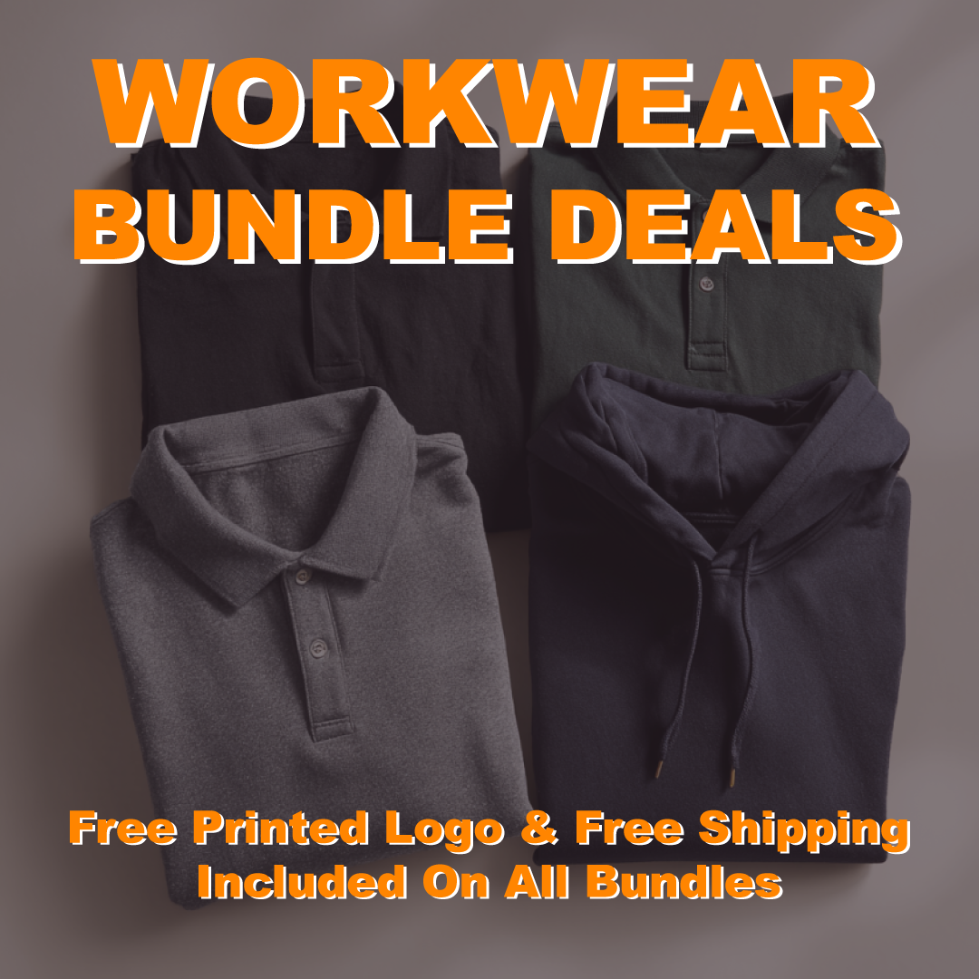 Promotional image for custom workwear bundle deals featuring folded polo shirts, hoodies, and t-shirts in black, grey, green, and navy, highlighting free logo printing and UK delivery.