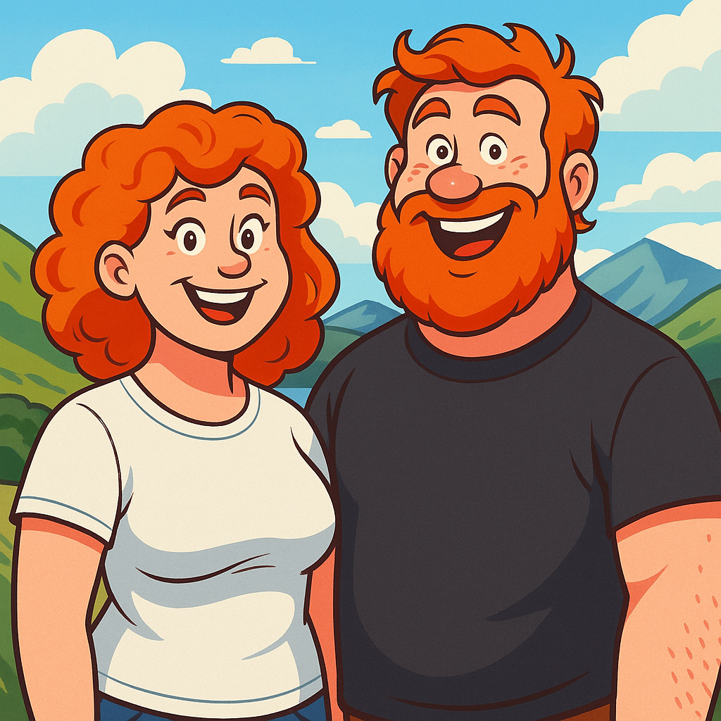 Cartoon-style Scottish man and woman with red hair wearing plain t-shirts, standing against a Highland landscape, promoting funny Scottish slogan t-shirts and slang-based designs.