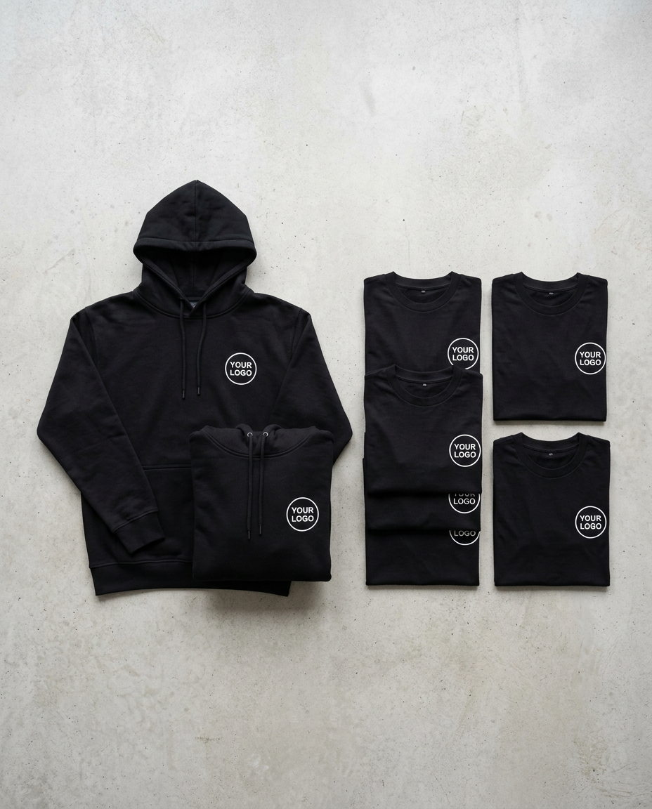 Black hoodie and t-shirts with customizable logos on a light gray background