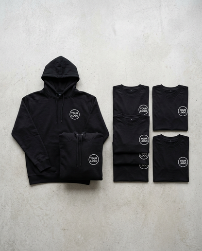 Black hoodie and t-shirts with customizable logos on a light gray background